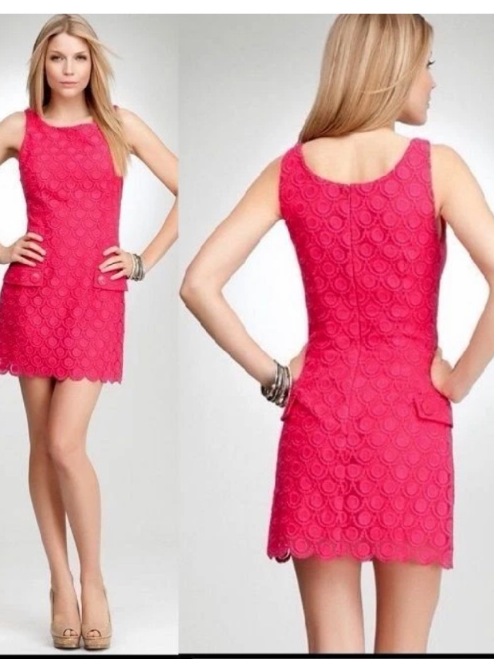 NWT bebe hot pink eyelet lace mesh Tweed Sleeveless Textured Top Dress S Small